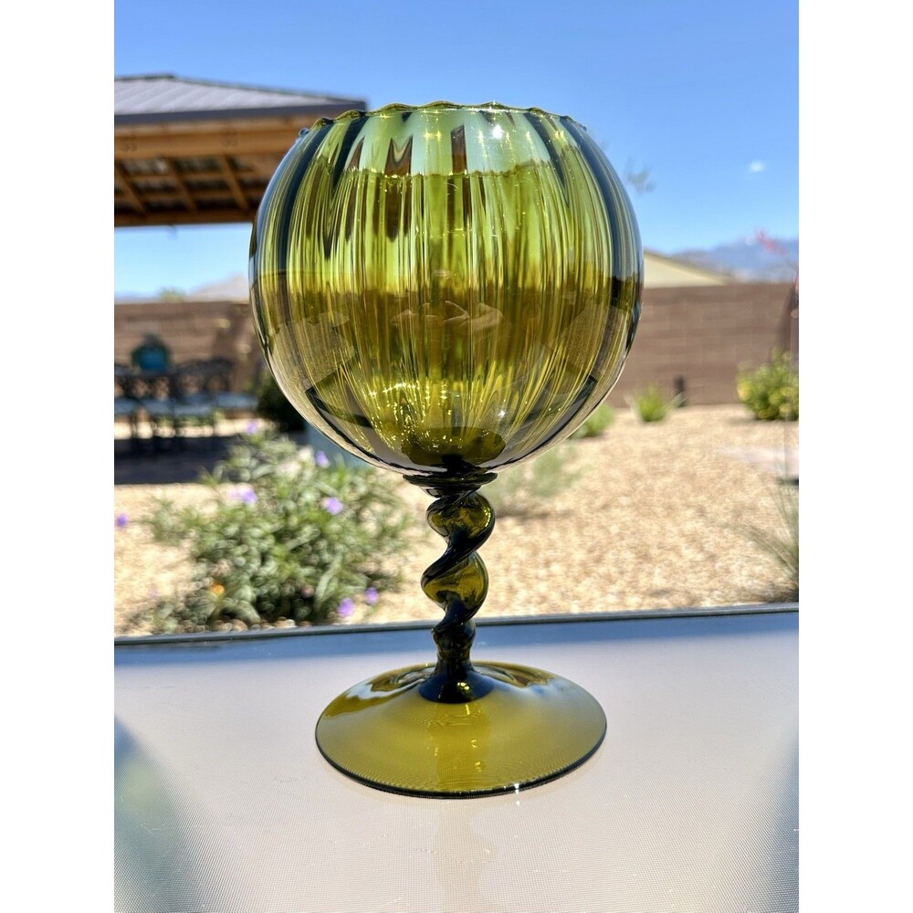 VTG Empoli Twisted Ribbon Stem Avocado Green Glass Compote Vase Italy 10" Bowl